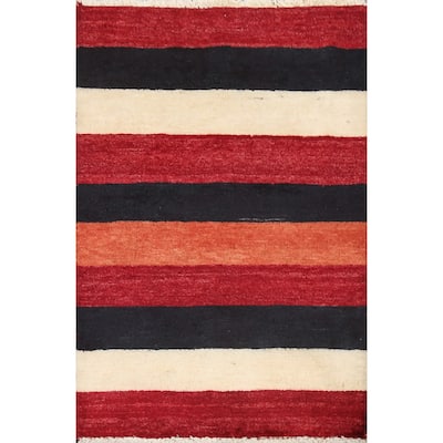 Contemporary Gabbeh Kashkoli Wool Area Rug Hand-knotted Striped Carpet - 2'2" x 3'0"