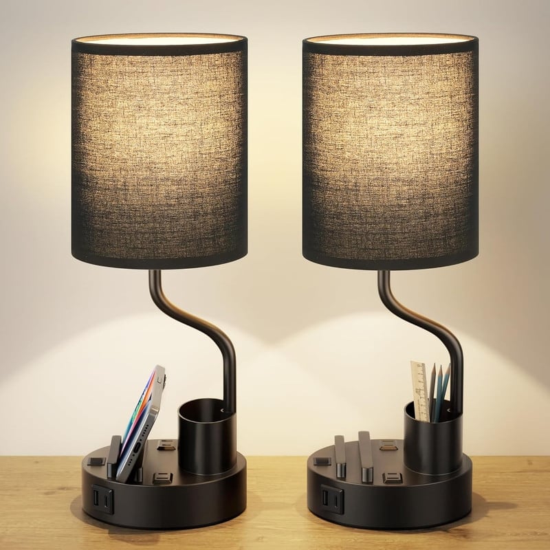 Bedside Table Lamps for Bedroom Set of 2 - Nightstand Light - Black