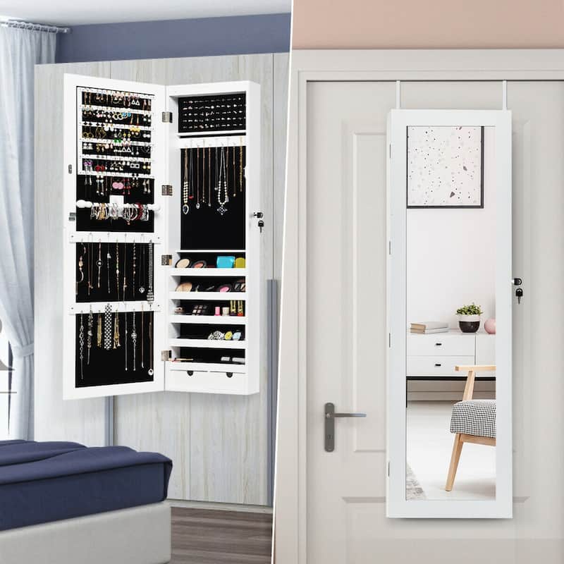 Costway Wall Mounted Mirrored Jewelry Cabinet Organizer w/LED Lights