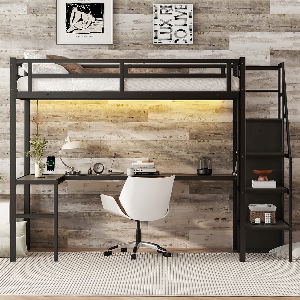 Heavy Duty Metal Loft Bed with L Shaped Desk and Charging Station, LED High Loftbed Frame with Built In Wardrobe