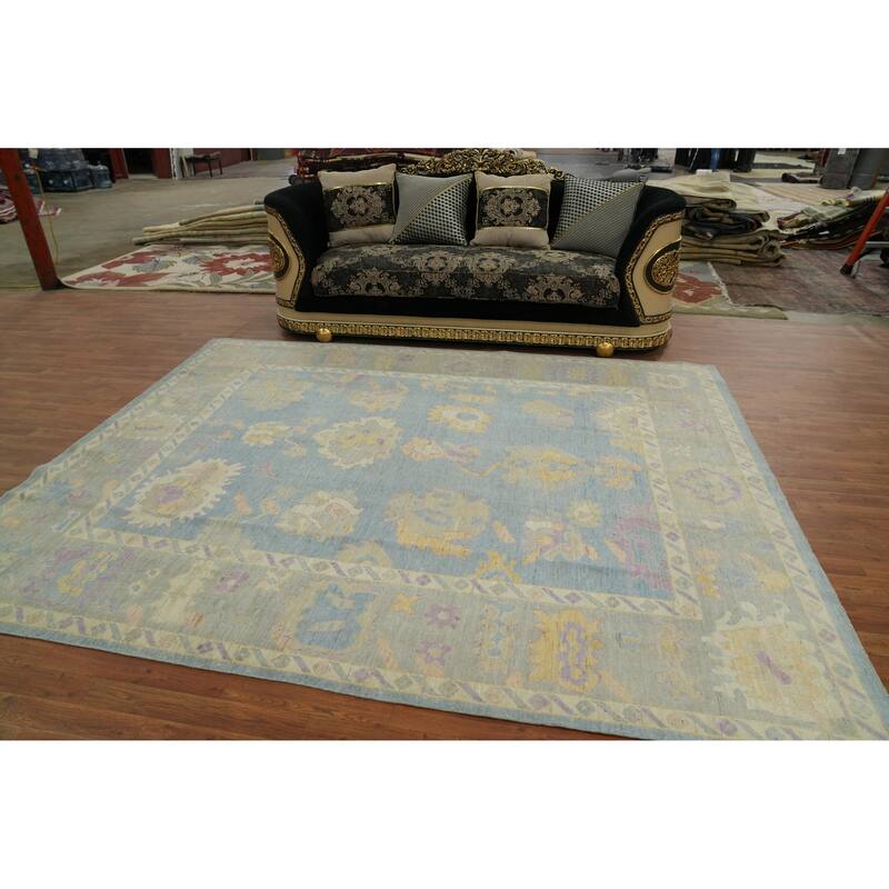 Vegetable Dye Blue Oushak Turkish Area Rug, Floral Geometric Carpet - 9' 10'' X 7' 11''