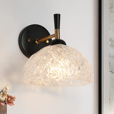 Modern Glam Black Gold Large Texture Dome Ripple Crystal Dimmable Wall Sconce for Bathroom/ Bedroom - L 8.3" x W 8.3" x H 8.9"