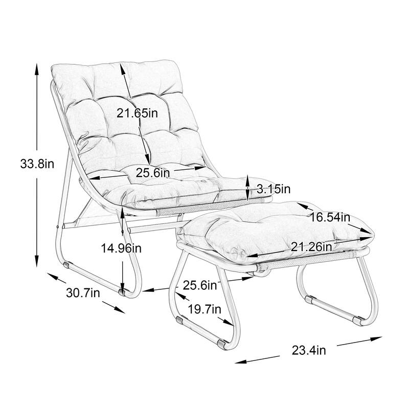 Patio Outdoor Lounge Chair with Ottoman, Comfy Sling Recliner Chair with Puffy Cushion and Foot Stool for Living Room