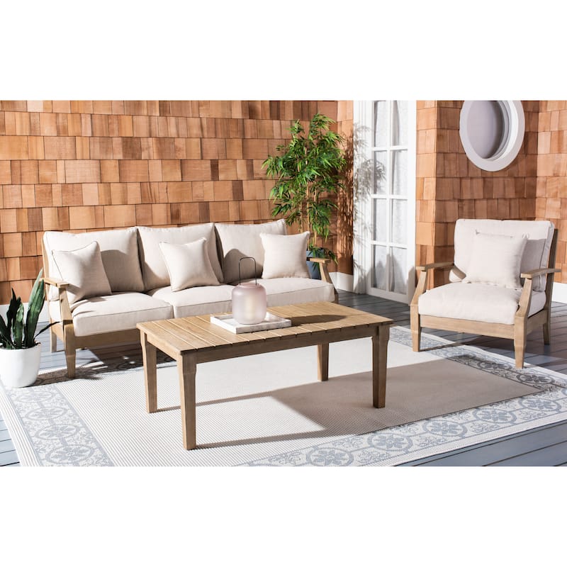 SAFAVIEH Couture Outdoor Patio Furniture Martinique Wood Arm Chair - 31"W x 36"D x 33"H - Natural/White