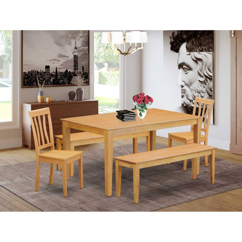 HomeStock 5-Piece Rectangle Natural Oak Finish Solid Wood Top Dining Table with 2 Benches, 2 Chairs with Lattice Back