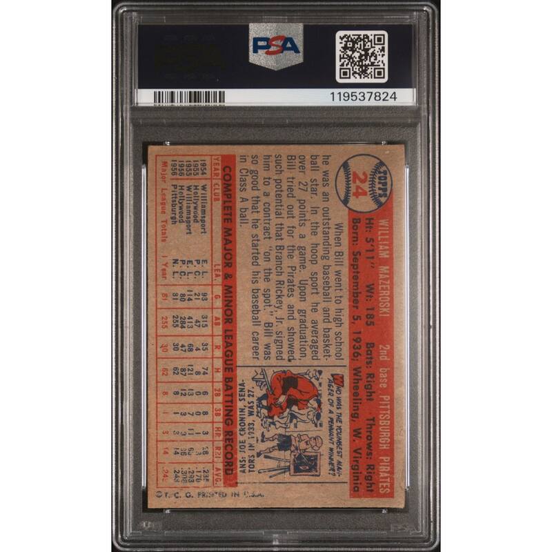 Bill Mazeroski 1957 Topps Signed Baseball Rookie Card #24 Graded PSA 2 Auto 10 - 8' x 11'