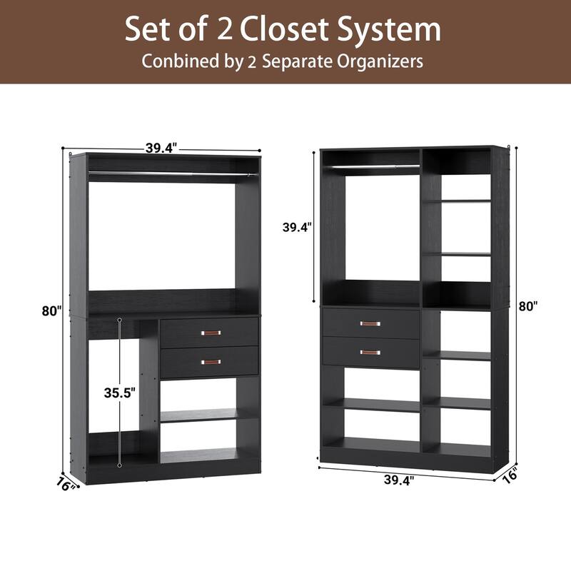 Vryon 110'' Set of 3 Freestanding Corner Closet System, Reversible Closet Organizer with Drawers and Hanging Rods