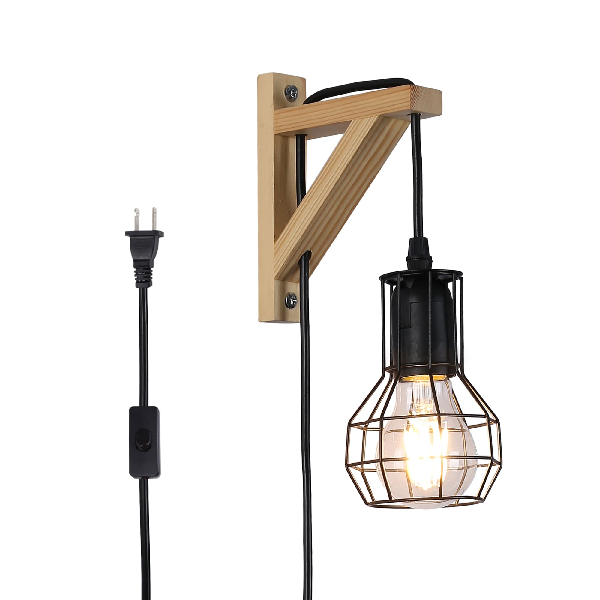 Modern Industrial Plug in Cord Cage Wall Lamp Lift Pipe Black Wood Retro Rustic Pendant Lamp Adjustable Hanging Wall Light Bed Bath Beyond 38000614