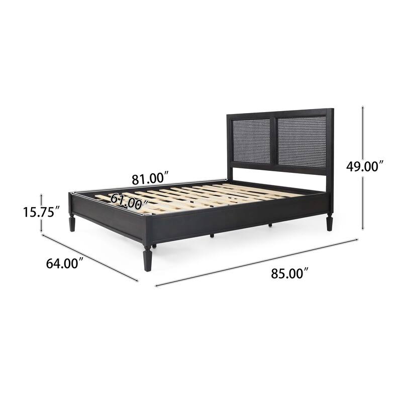 Roomfitters Modern Queen Size Solid Wood Platform Bed with Rattan Headboard, Dark Grey