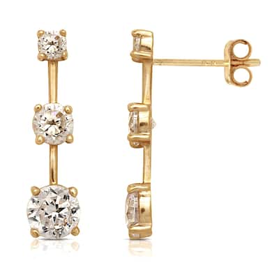 Curata 14k Gold Round Cubic Zirconia 3-stone Bar Post Stud Earrings