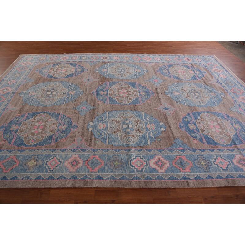 Hand Knotted Oriental 100% Wool Carpet Transitional Geometric Brown Oushak Area Rug - 12' 6'' X 8' 6''