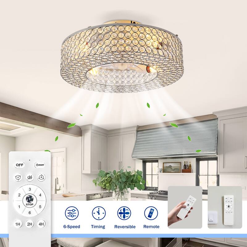 19.6'' Crystal Ceiling Fans with Remote, Flush Mount Ceiling Fan with Light, Chandelier Fan 6 Speed DC Motor Reversible