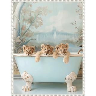 Blue Lagoon Lion Cubs by Niky Rahner Framed Canvas Wall Art