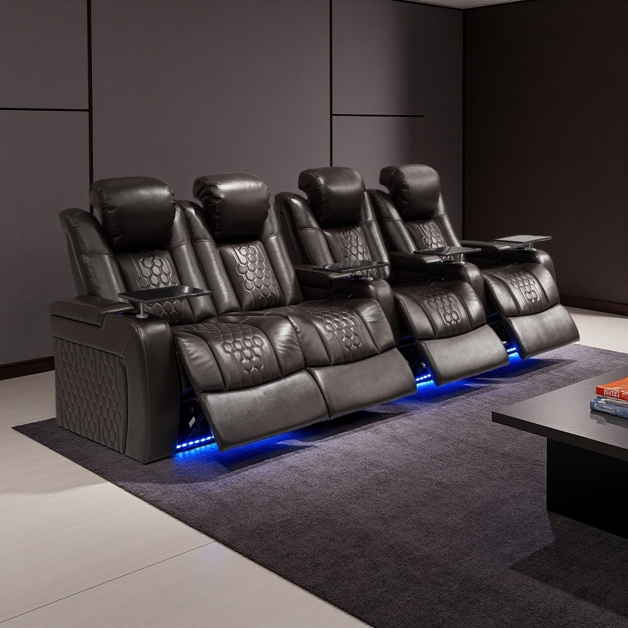 124.4" Nappa Leather Power Reclining Sectional Sofa with LED & USB, 4-Piece