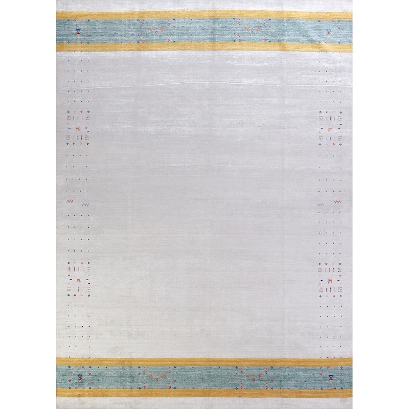 Hand Knotted Oriental 100% Wool Carpet Tribal Stripe Greys & Charcoal Gabbeh Area Rug - 12' 0'' X 9' 2''