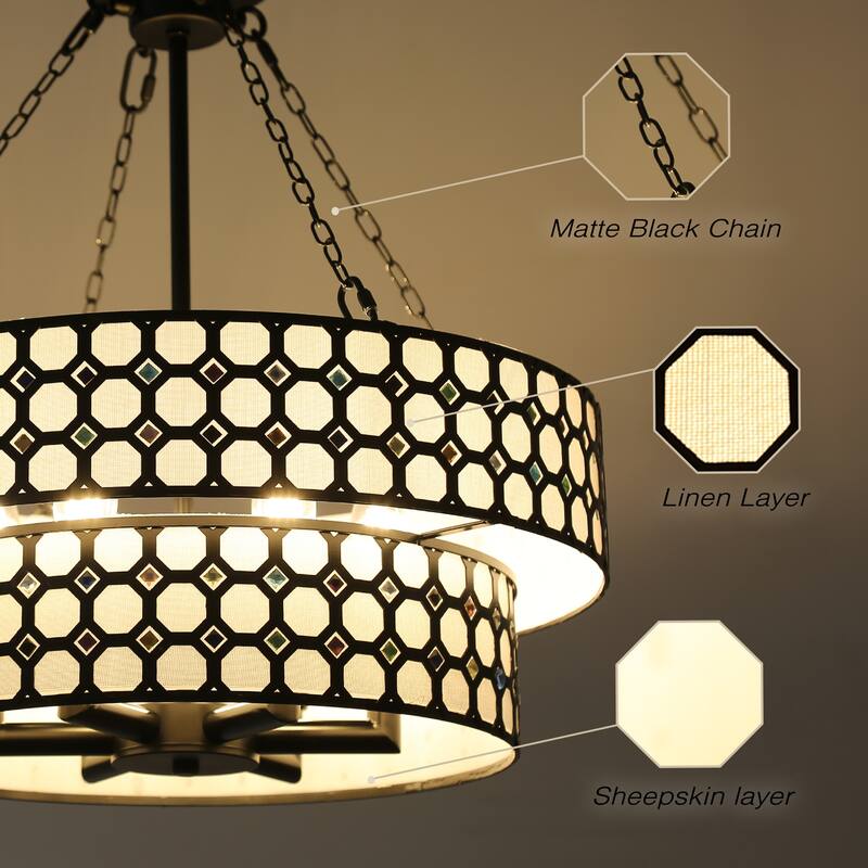 20" Modern Matte Black Two-Tier Drum-Shaped Light Fixture, 6 Lights with Adjustable Hanging Chain for Dining Room and Bed Room