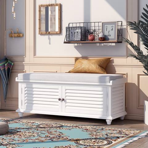 Louver Design Entryway Wooden Storage & Shoe Bench with Cushion, White