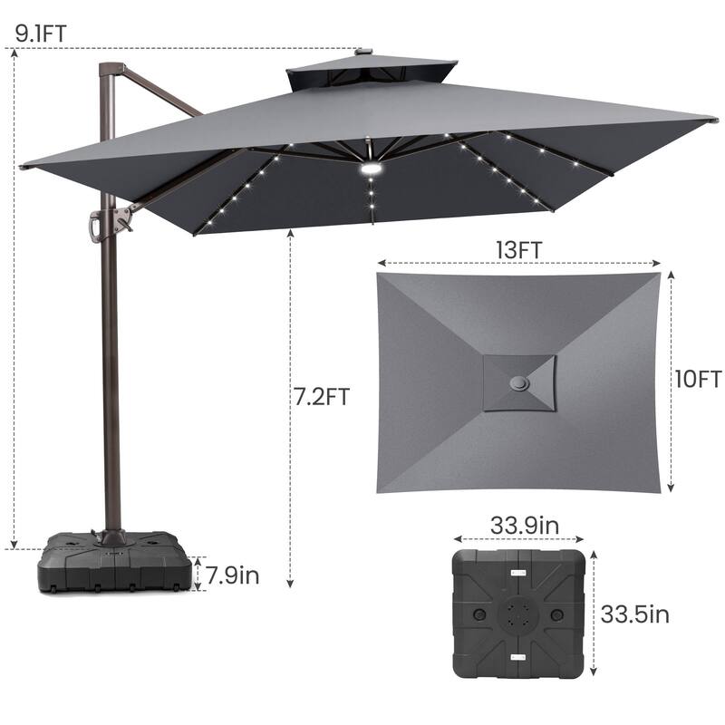 10 FT x 13 FT Outdoor Patio Premium LED Lighted Double Top Cantilever Offset Umbrella with Base