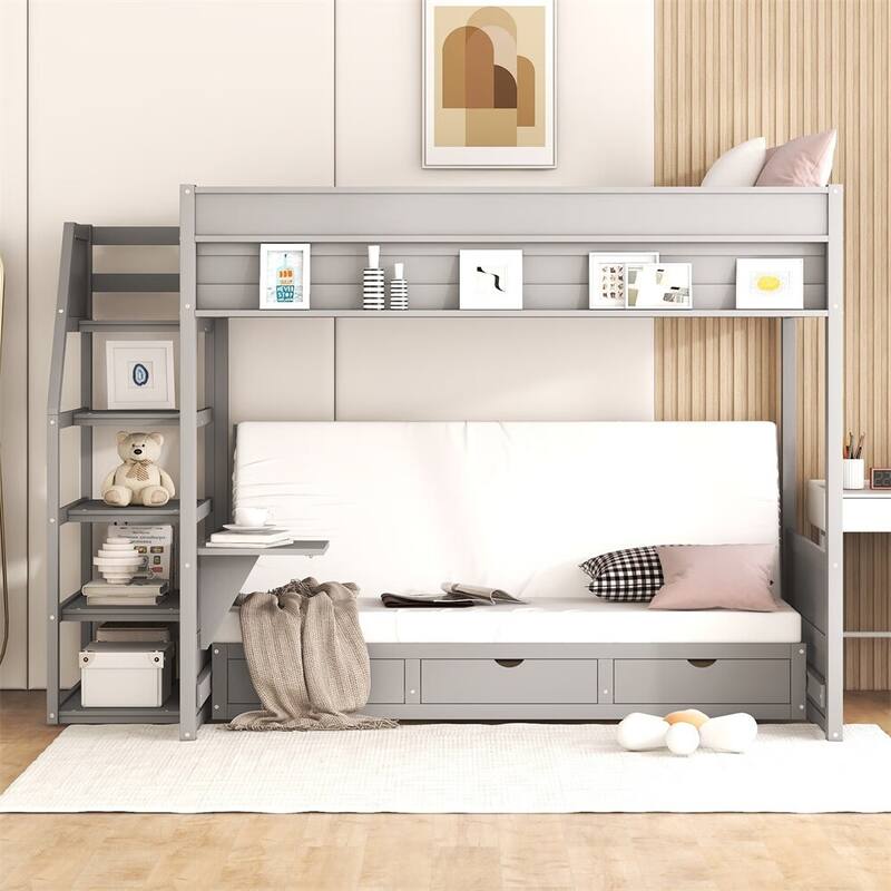 Merax Wood Full Size Convertible Bunk Bed with Storage Staircase - Grey