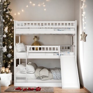 Modren Full Over Full Over Full Triple Bunk Bed with Built-in Ladder and Slide,Guardrails For Bedroom
