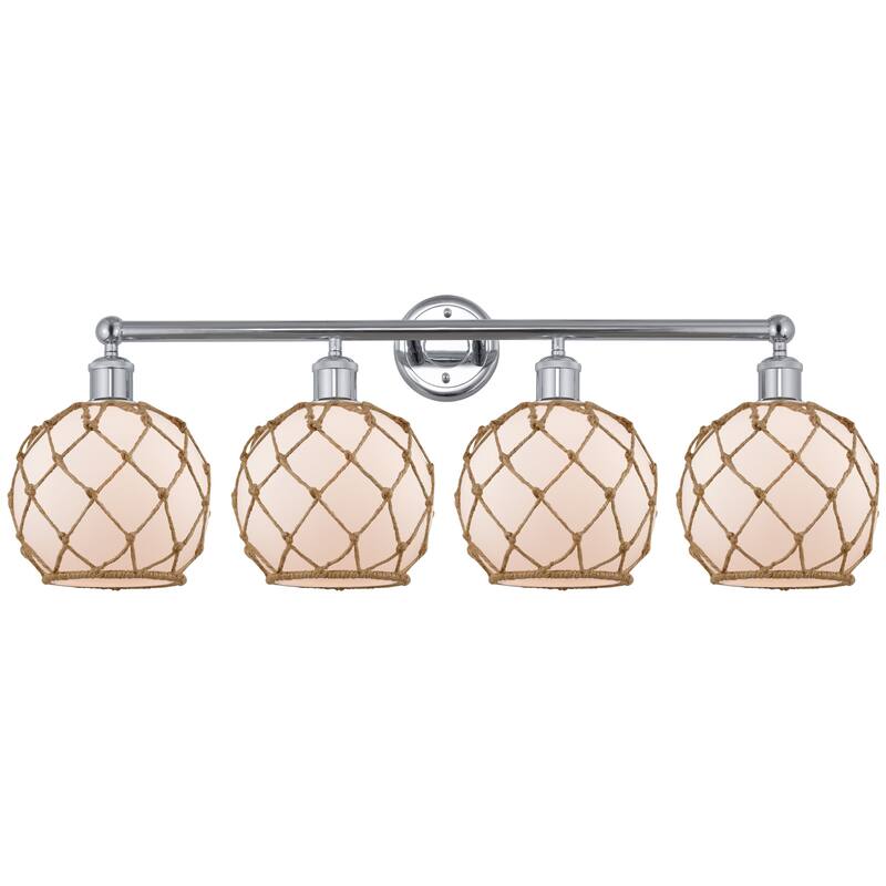 Innovations Lighting 616-4W-13-35 Farmhouse Rope Vanity Farmhouse Rope - Polished Chrome / White Glass with Brown Rope