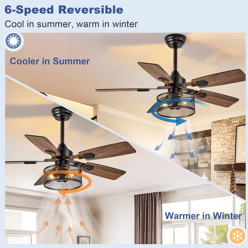 42-52Inch Caged Ceiling Fans with Lights: Dual Finish 5 Blades - Rustic with Remote Control (E26 Bulb Included)