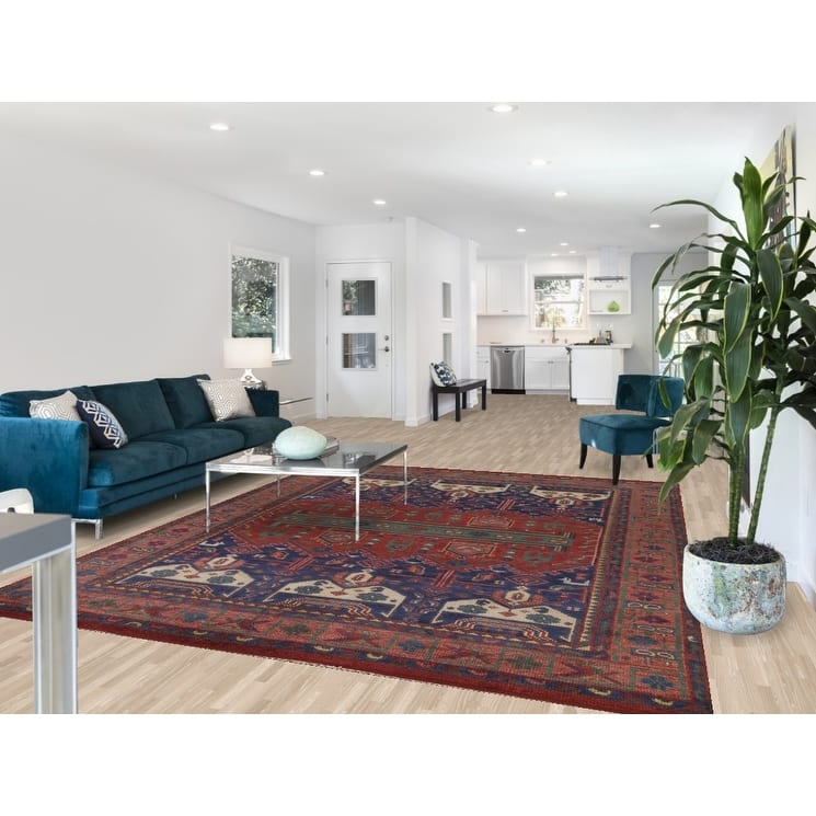 Red & Blue Sirjan Oriental Area Rug Hand-knotted Wool Carpet - 8'0"x 10'1"