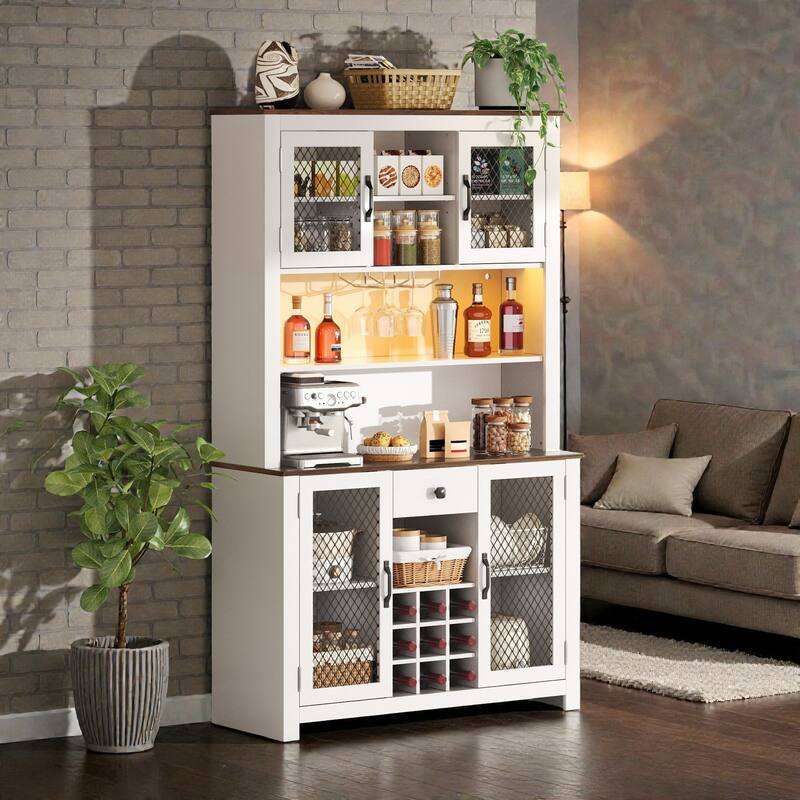 Rustic 70.9" Kitchen Hutch Pantry with LED Lights, AC/USB Outlets, Wine Bottle Rack, Glass Storage and Adjustable Shelves