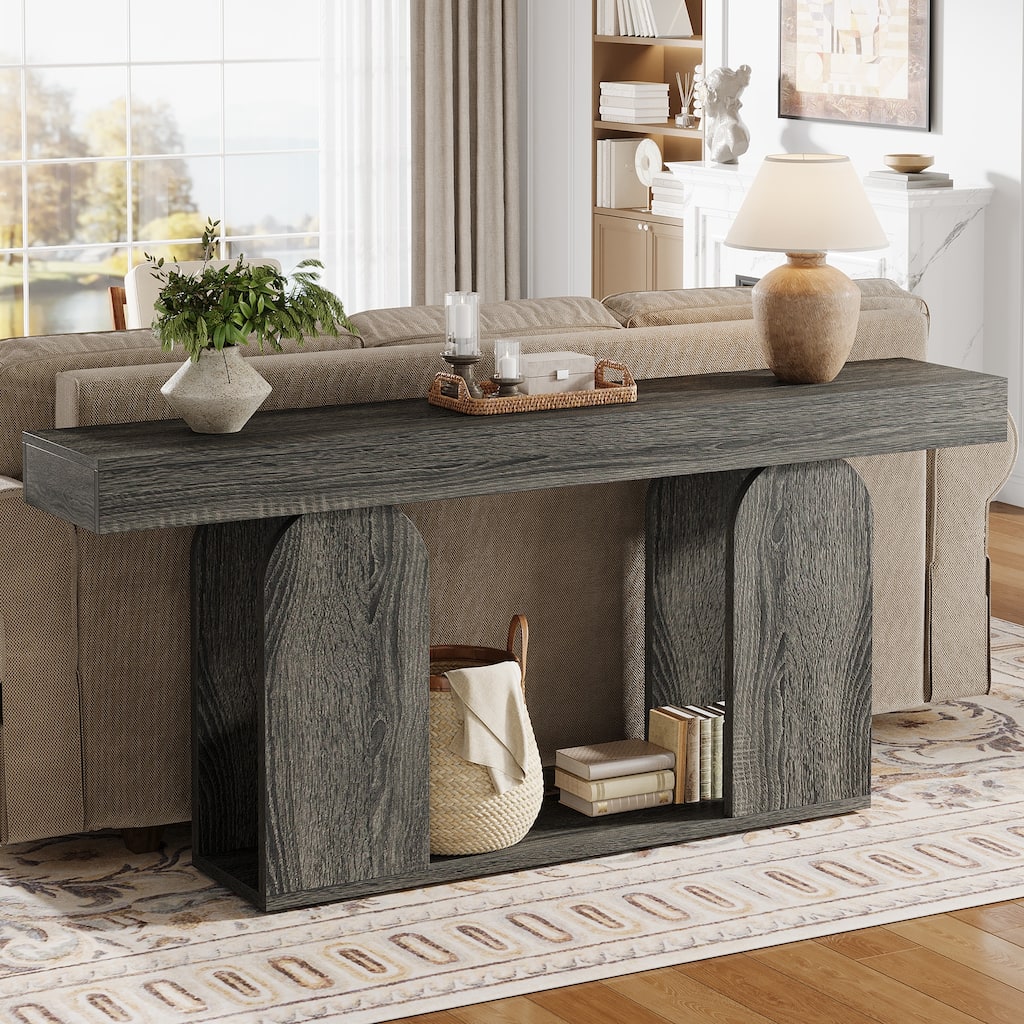 Long Wood Entryway Table, Storage Shelf Sofa Console Table, Living Room Hallway Foyer Behind Couch