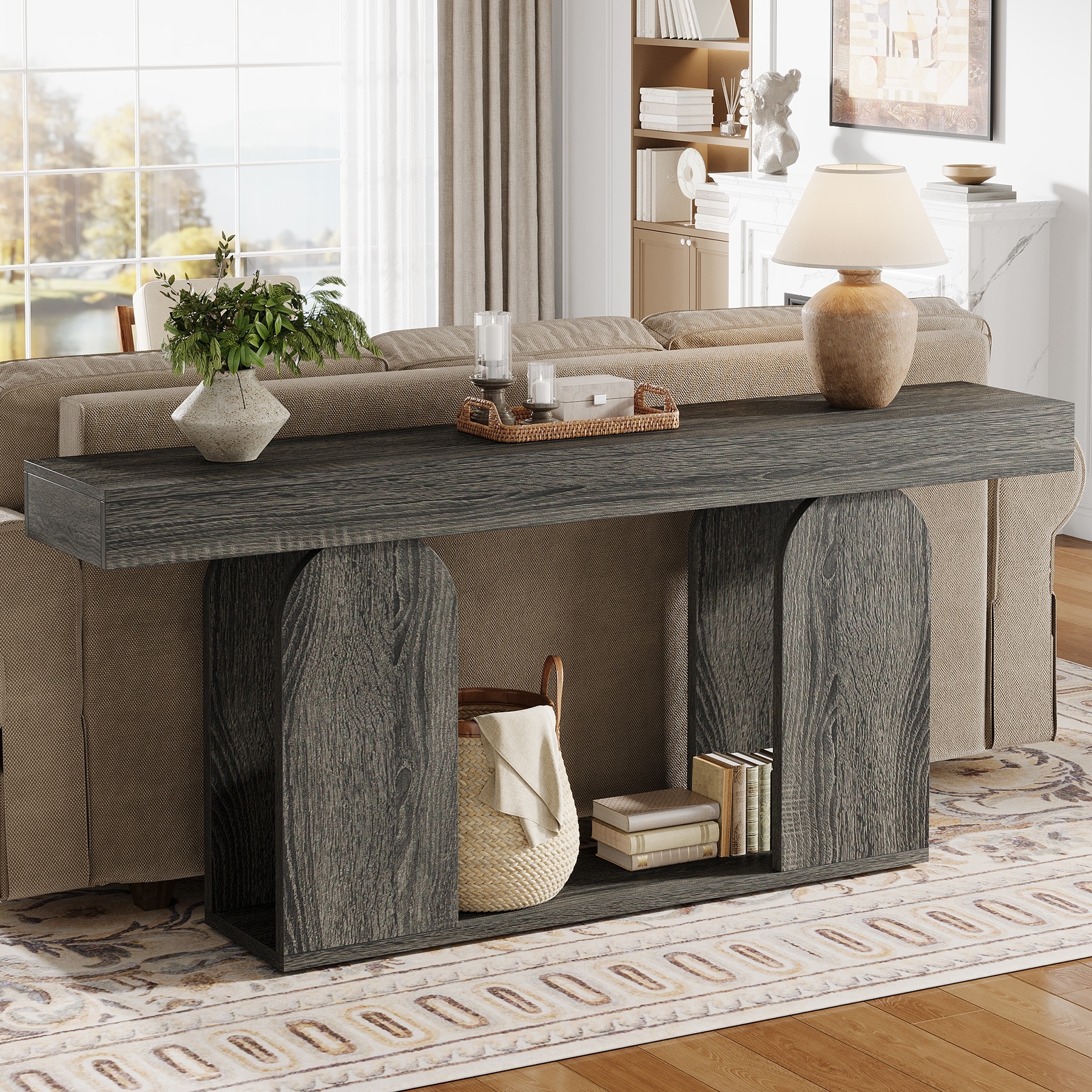 Long Wood Entryway Table, Storage Shelf Sofa Console Table, Living Room Hallway Foyer Behind Couch