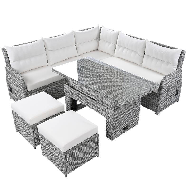 All Weather Outdoor Patio Conversation Sofa Set Rattan L Shaped Sectional Recliners Sofa with Adjustable Table and 2 Ottoman - Beige