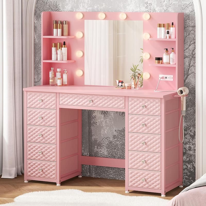 Vanity with Lights and Mirror 11 Drawer Makeup Vanity 6 Shelves - Pink
