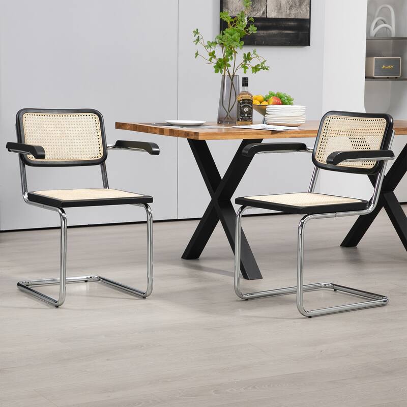 Set of 2 Barnard Black Wooden Dining Chair with Rattan Back and Chrome Legs
