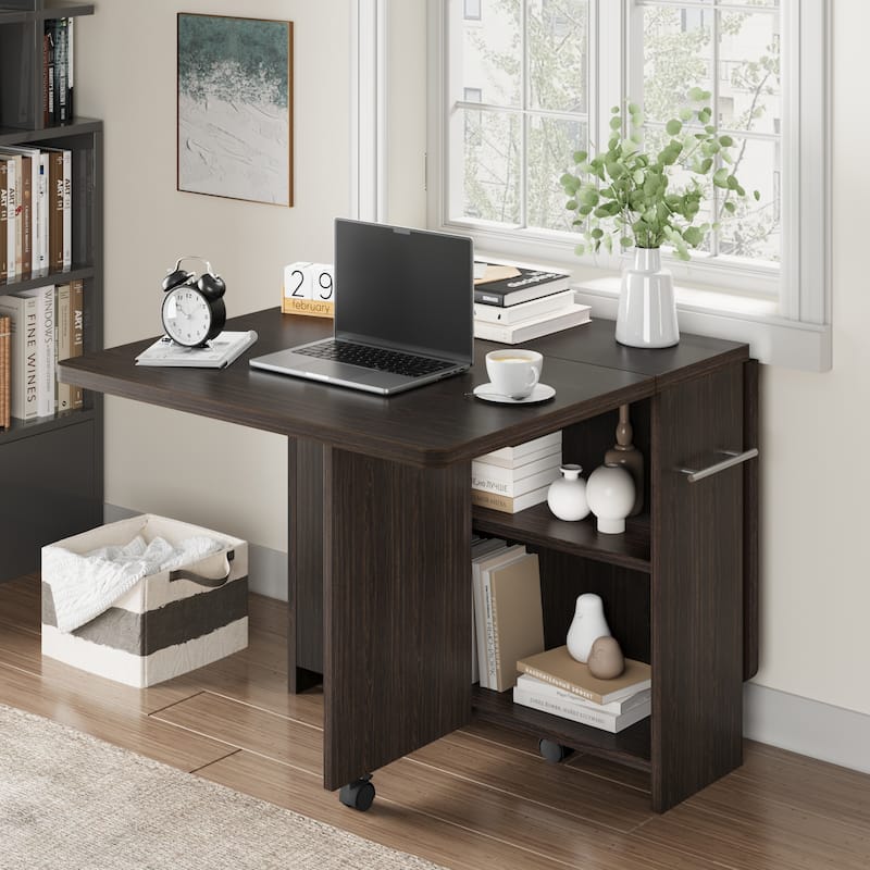 Folding Dining Table with 2 Tier Storage, Extendable Kitchen Table On