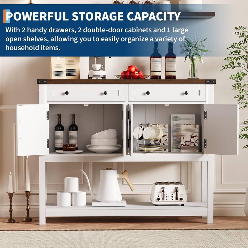 47.2" Buffet Sideboard Cabinet - Modern Farmhouse Storage Console Table with 2 Drawers & 4 Barn Doors, Coffee Bar