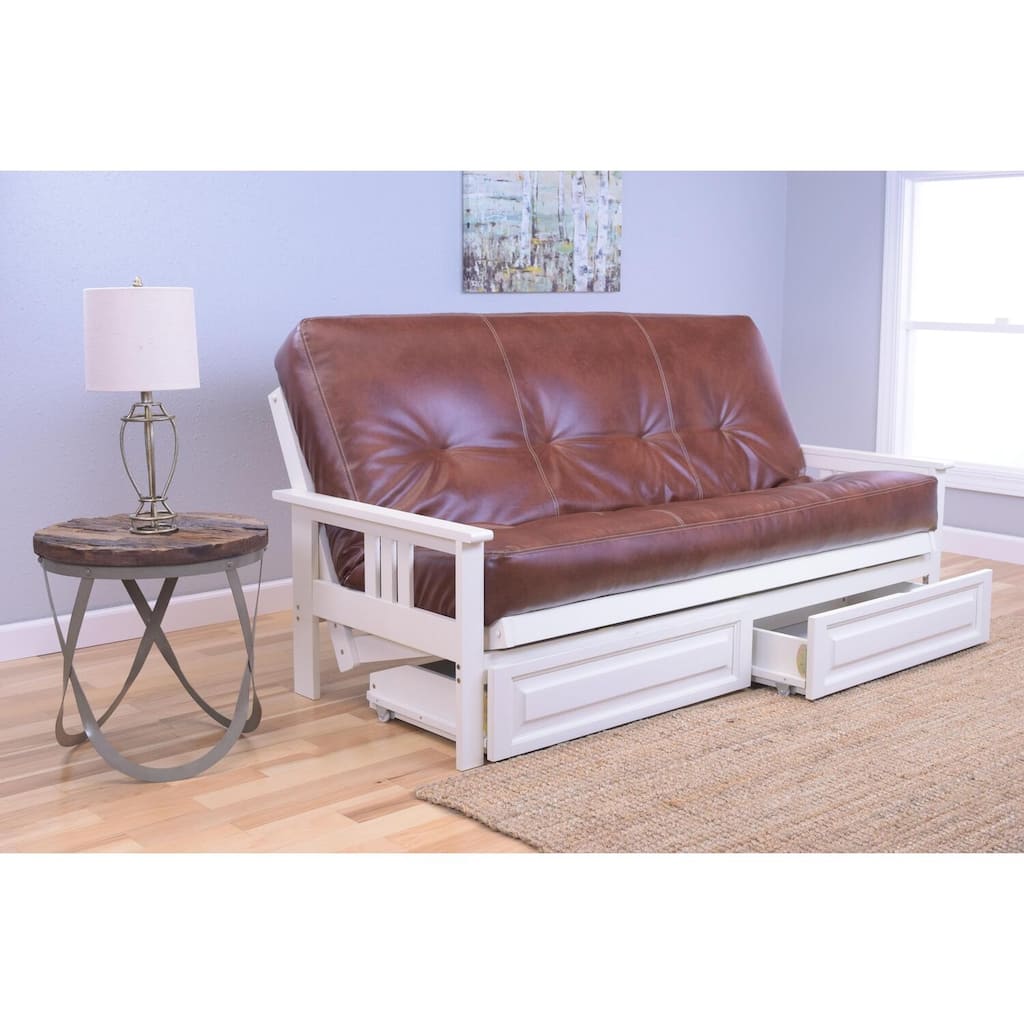 79 in. Antique White/Oregon Trail Saddle Polyester Upholstered Full Size Futon Set with Mattress and Storage Drawers