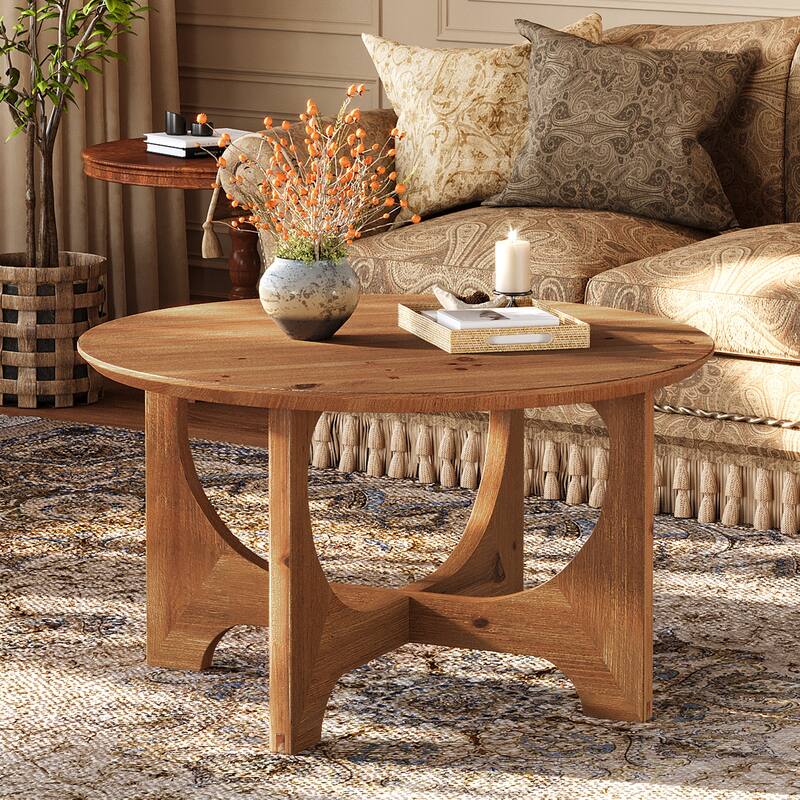 31.5-Inch Solid Wood Coffee Table, Farmhouse Round Center Table