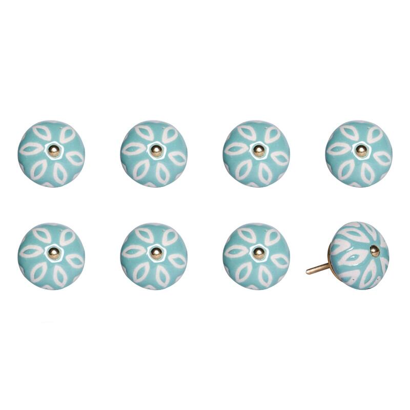 Set of 8 Turquoise and White Ceramic Drawer Pull Knobs for Cabinets - 1.50” x 1.50” x 1.50” - Turquoise-White