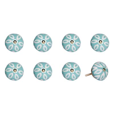 Set of 8 Turquoise and White Ceramic Drawer Pull Knobs for Cabinets - 1.50” x 1.50” x 1.50”