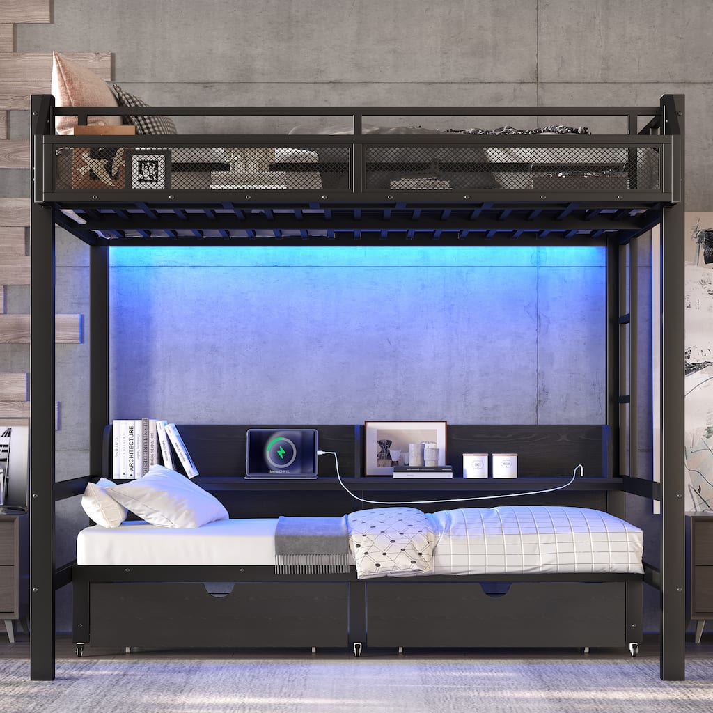 Full over Full Bunk Bed with Storage, USB Ports & LED Lights, Converts to Sofa, Metal Frame