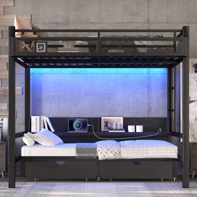 Loft Bed with Lower Sofa Convertible into Bed, Full Over Full Bunk Bed Frame with Drawers, Shelves, LED Lights and USB Ports - Black - Full