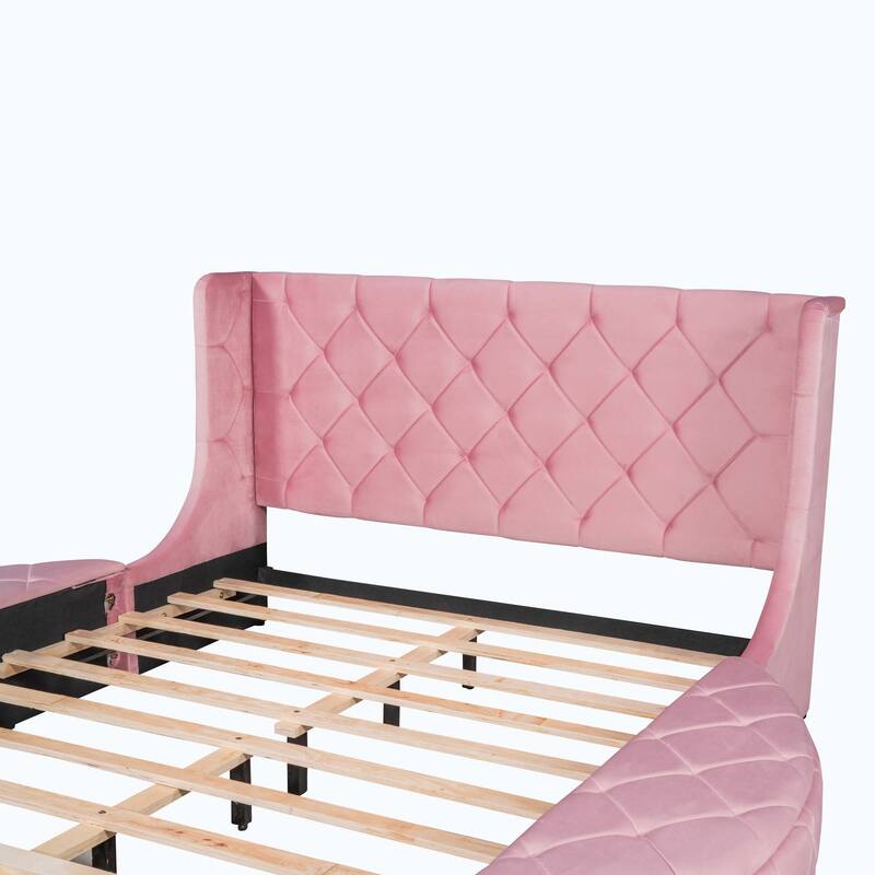 Queen Size Upholstered Platform Bed with Wingback Headboard and 1 Big Drawer,2 Side Storage Stool
