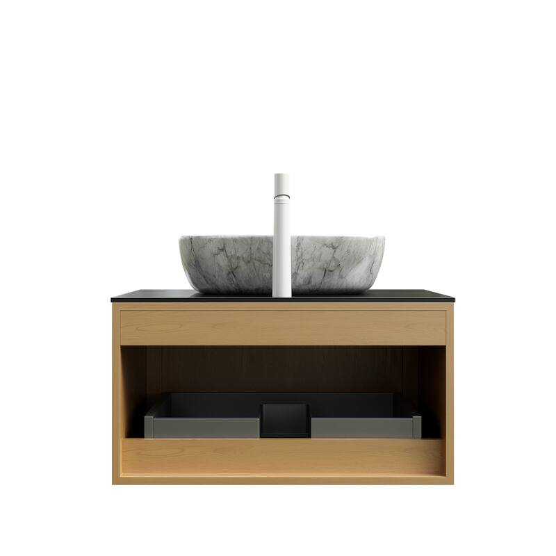 GDFStudio - Kolas Modern 30" Floating Bathroom Vanity, Corolla Oak Finish & Black Sintered Stone Countertop, WITHOUT Faucet