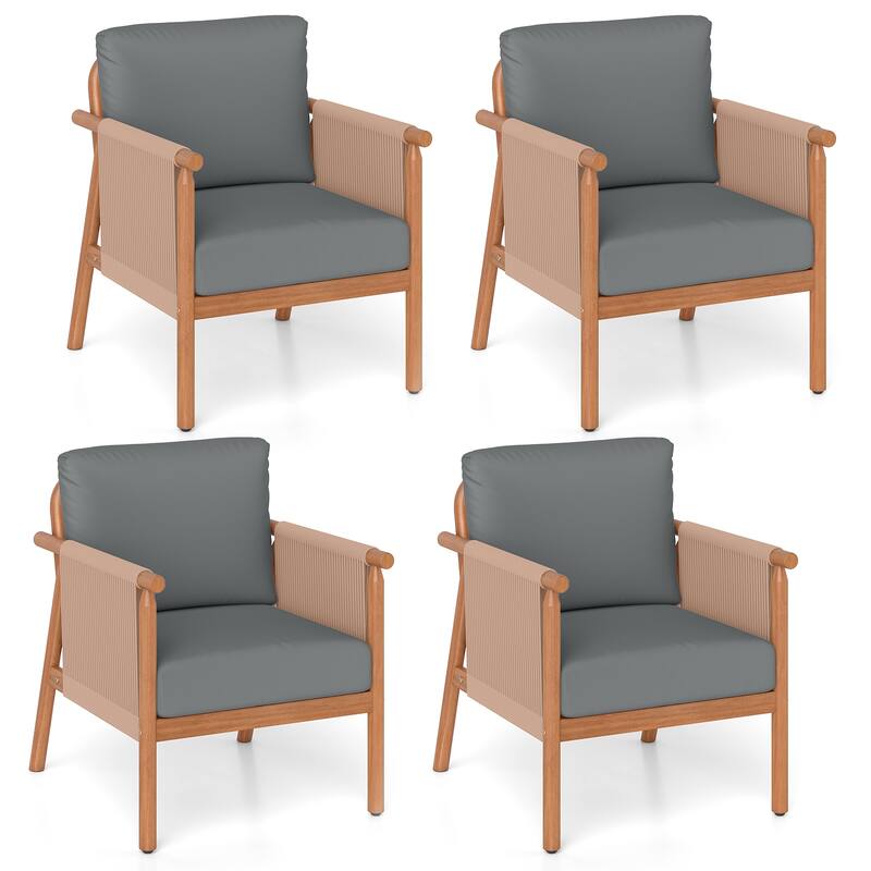 Gymax 4PCS Patio Acacia Wood Chair w/ Woven Rope Armrests & Seat Back - Grey