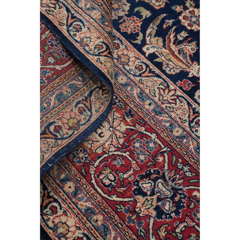 Hand Knotted Oriental 100% Wool Carpet Traditional Floral Navy Blue & Blues Kashan Area Rug - 14' 0'' X 10' 4''