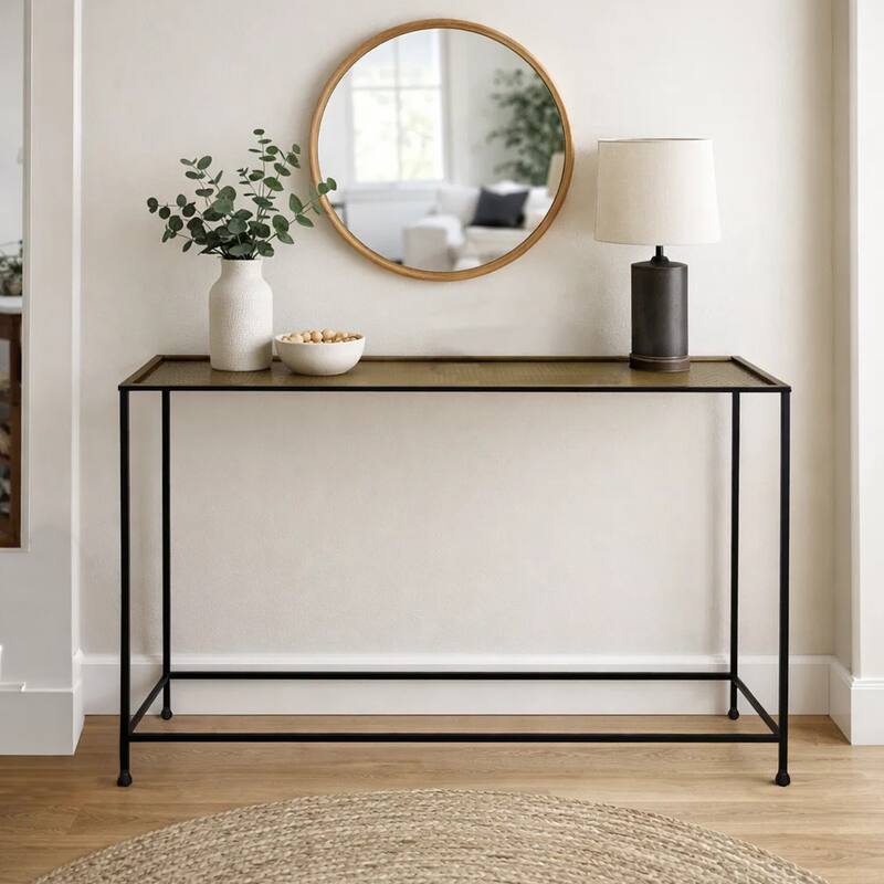 Aurelia 48 Inch Console Sofa Table, Artisanal Hammered Antique Bronze Tray Top, Industrial Black Iron Frame