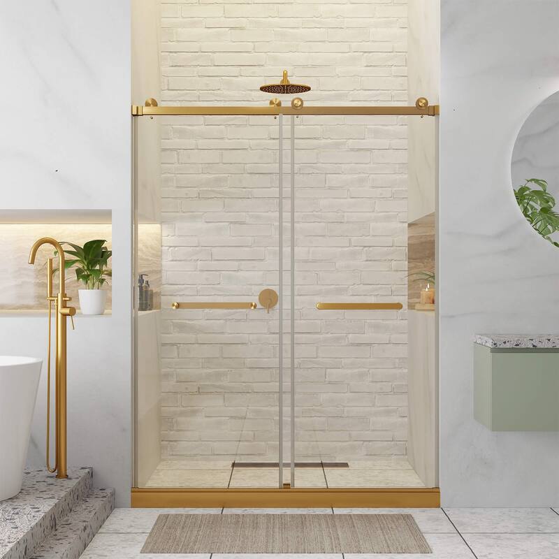 Fine Fixtures Frameless Clear Sliding Bathroom Shower Door - 60" x 80" - Double - Satin Brass