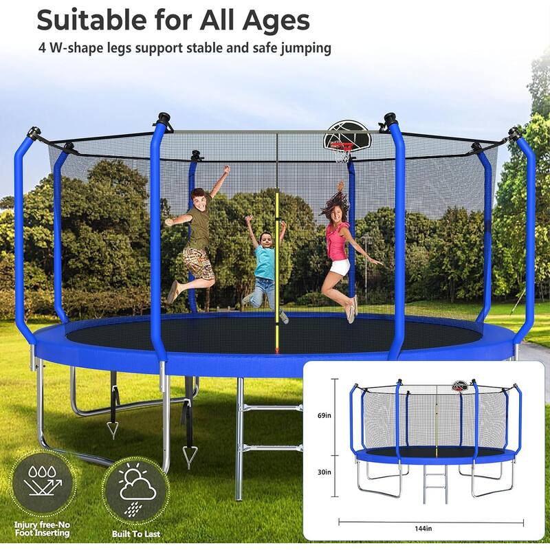 Upgraded 8FT/10FT/12FT/14FT Trampoline, Outdoor Trampoline with Basketball Hoop