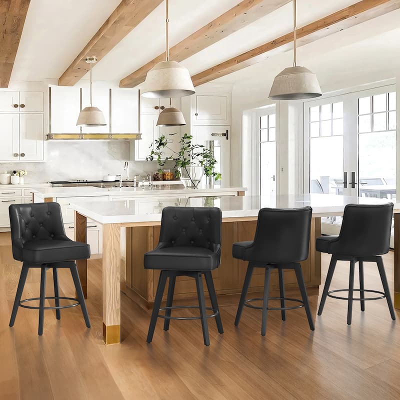 Modern 26 in. Counter Height Barstools 360 Free Swivel Set of 4 Bar Stools with Back - Black/Faux Leather - Counter Height