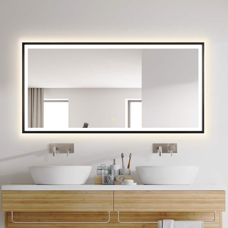 Apollo Rectangular Anti-Fog Dimmable Modern Bathroom/Vanity LED Lighted Wall Mirror in Matte Black Aluminum Framed